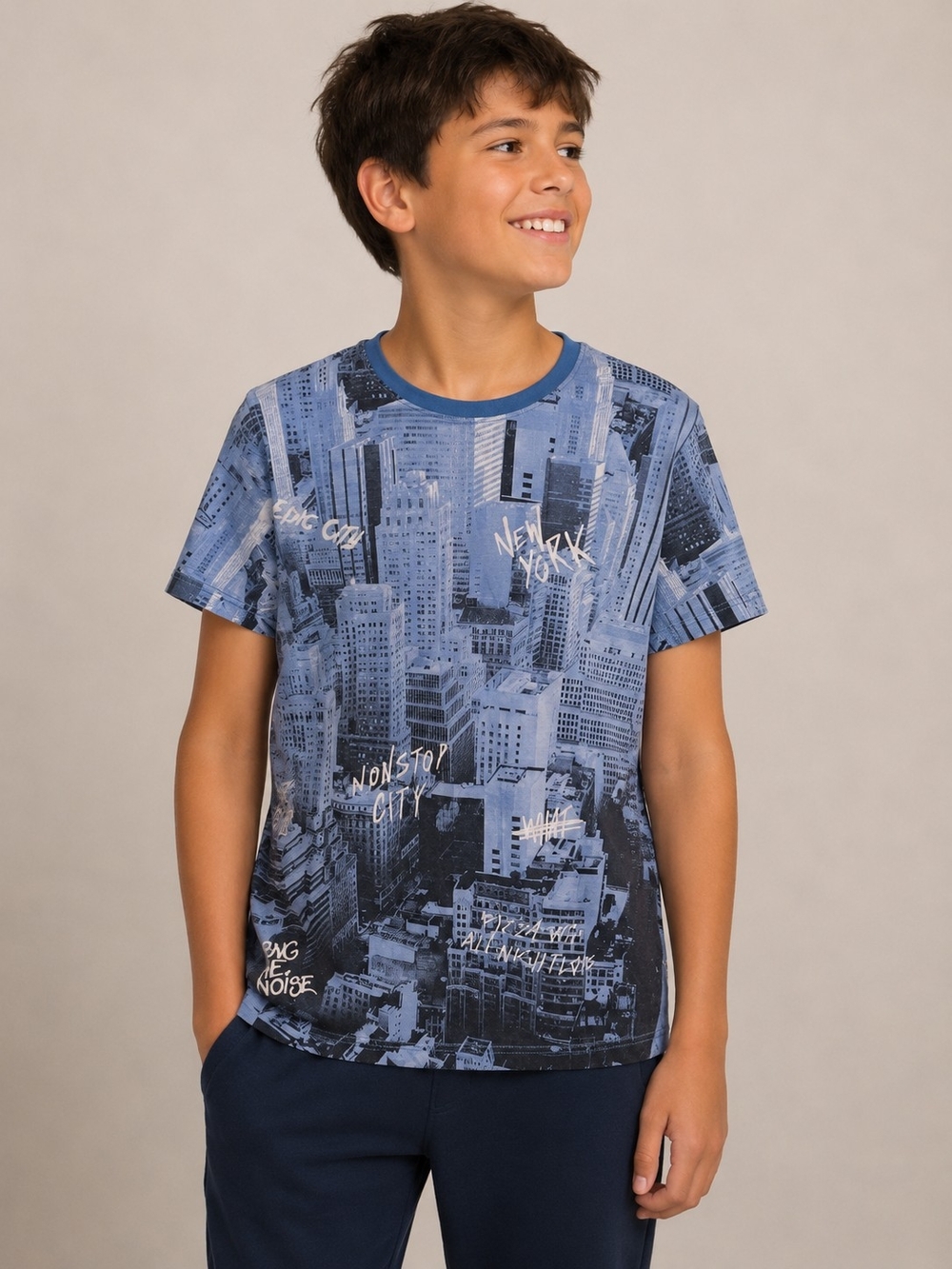 H&M Boys Graphic City Print T-Shirt Blue Gray Size 10-12 Youth